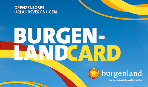 Blauer Hintergrund mit Text „Grenzenloses Urlaubsvergnügen. BURGENLANDCARD.“ Burgenland-Logo unten mit bunten Kurven.