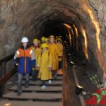 Eine Gruppe Kinder in gelben Regenmänteln und Helmen geht in einem felsigen unterirdischen Tunnel Holzstufen hinunter, angeführt von einem Erwachsenen in einer blau-orangen Jacke.