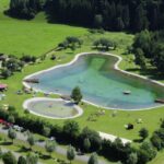 Luftaufnahme eines angelegten Teichs mit klarem Wasser, umgeben von Gras, Bäumen und geparkten Autos, in dessen Umgebung sich Menschen entspannen.