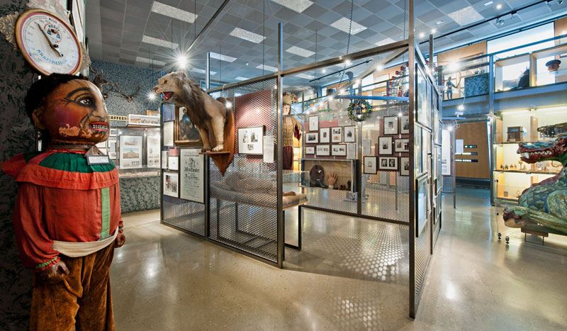 Museumsausstellung mit präparierten Tieren, Fotografien, historischen Darstellungen und einer großen Schaufensterpuppe in einem farbenfrohen Kostüm am Eingang.