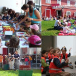 Collage von Kindern, die an Aktivitäten in einem Feuerwehrmuseum teilnehmen, darunter Basteln, Sammeln im Freien, Wasserspritzen und das Tragen von Feuerwehrmützen und -westen.