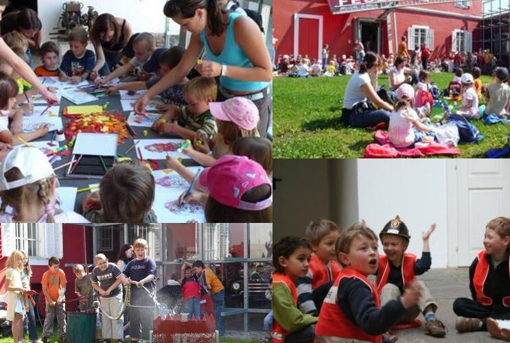 Collage von Kindern, die an Aktivitäten in einem Feuerwehrmuseum teilnehmen, darunter Basteln, Sammeln im Freien, Wasserspritzen und das Tragen von Feuerwehrmützen und -westen.