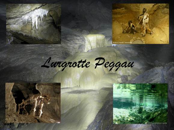 Collage, die Stalaktiten, Höhlenformationen, Tierskelette und ein unterirdisches Becken zeigt, mit dem Text "Lurgrotte Peggau" in der Mitte.