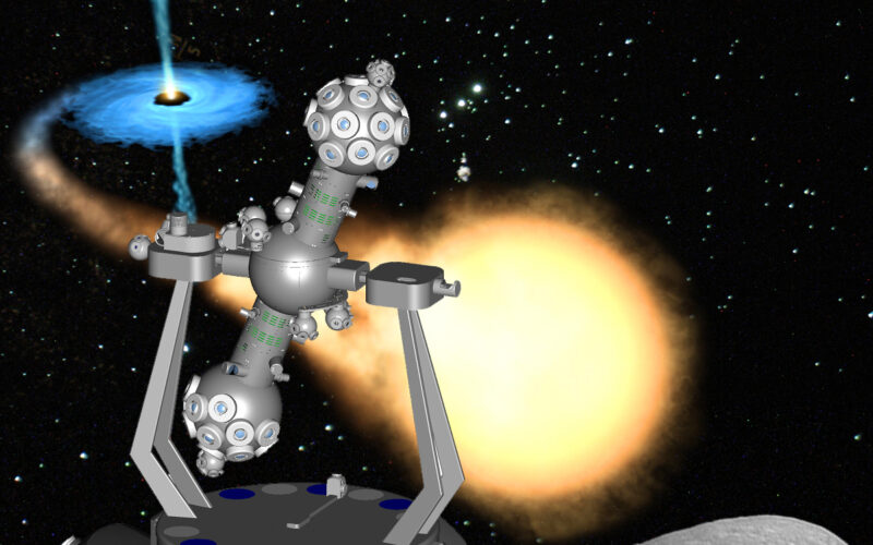 Ein Raumschiff schwebt über einer felsigen Oberfläche mit Sternen, einem leuchtenden gelben Stern und einem schwarzen Loch mit einer Akkretionsscheibe im Hintergrund.