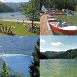 Vier Szenen eines Seeufers: Menschen, die sich im Gras entspannen und schwimmen, Boote, die an einem Steg anlegen, und zwei Landschaftsansichten des Sees, umgeben von bewaldeten Hügeln und Bergen.