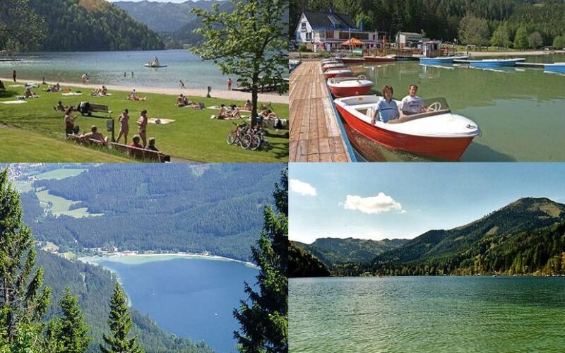 Vier Szenen eines Seeufers: Menschen, die sich im Gras entspannen und schwimmen, Boote, die an einem Steg anlegen, und zwei Landschaftsansichten des Sees, umgeben von bewaldeten Hügeln und Bergen.