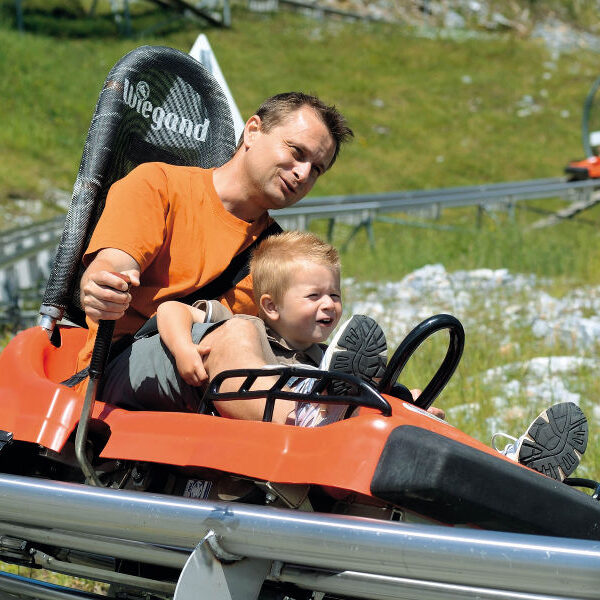 Ein Erwachsener und ein Kind fahren an einem sonnigen Tag gemeinsam auf einer Alpenachterbahn, während im Hintergrund ein weiterer Fahrer zu sehen ist.