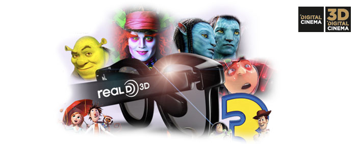 Eine RealD-3D-Brille ist von animierten und CGI-Filmfiguren umgeben, in der Ecke befinden sich Logos für digitales Kino und digitales 3D-Kino.