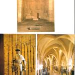 Oben: Steingemauerte Kammer mit gewölbter Decke und kleinem Altar. Unten links: Rüstung und Waffen. Unten rechts: Gewölbter Saal mit langem Esstisch und Stühlen.