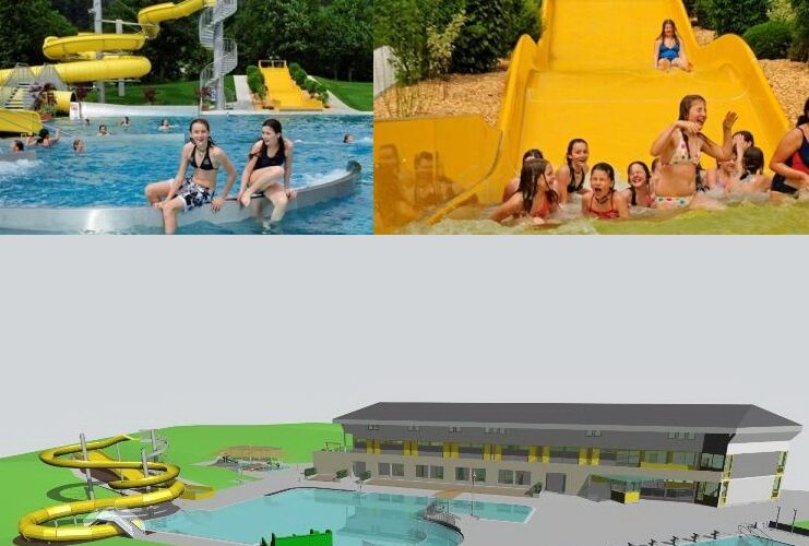 Ein Wasserpark mit gelben Wasserrutschen, Kindern, die im Becken und auf den Rutschen spielen, und einem 3D-Modell der Anlage mit Becken, Rutschen und Gebäuden.