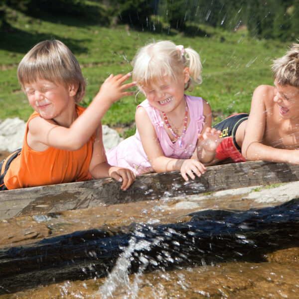 Drei kleine Kinder lehnen sich an einem sonnigen Tag mit grünem Gras im Hintergrund lachend und spritzend über einen Holzvorsprung an einem Bach.