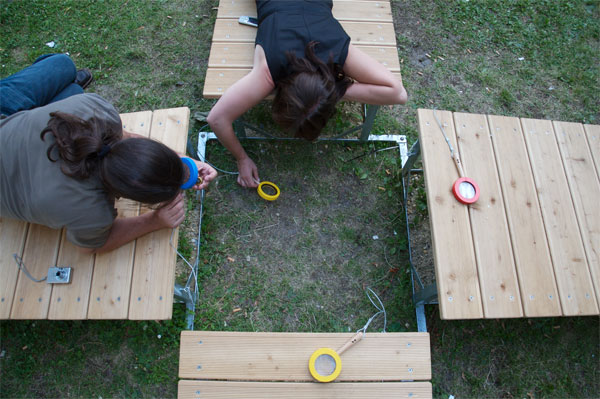Zwei Personen liegen auf Holzbänken im Freien, halten jeweils eine Rolle Klebeband in der Hand und arbeiten an einem Projekt auf der Wiese zwischen den Bänken.