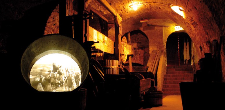 Schummerig beleuchteter Steinkeller mit gewölbten Decken, Holzbalken, Treppen, verschiedenen Werkzeugen und einer runden Auslage, die mit einem alten Foto beleuchtet ist.