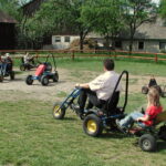 Mehrere Personen fahren Gokarts auf einer Wiese; ein Erwachsener zieht zwei Kinder in einem kleinen Anhänger hinter einem Gokart her.
