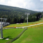 Ein Skilift führt über grüne Grashügel mit hölzernen und orangefarbenen Zäunen; eine kleine Kuhherde weidet in der Nähe der Mitte. Im Hintergrund sind Kiefernwälder und Hügel zu sehen.