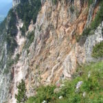 Steile Felswand mit spärlicher Vegetation an der Spitze und grünem Wald darüber, gesehen von einer nahe gelegenen grasbewachsenen und buschigen Fläche.