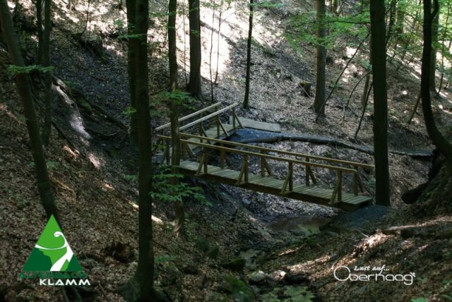 Ein hölzerner Steg überquert eine kleine Schlucht in einem Laubwald, in dem das Sonnenlicht durch die Bäume fällt. In den Ecken erscheinen die Logos von "KLAMM" und "Oberhaag".