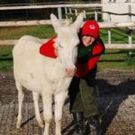 Eine Person mit rotem Hut und roter Jacke umarmt an einem sonnigen Tag einen weißen Esel im Freien in der Nähe eines Holzzauns.