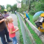 Eine Frau und ein Mädchen stehen in der Nähe eines Zauns und beobachten zwei blaue und gelbe Papageien, von denen einer gerade frisst, in einem Park oder Zoo.