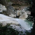 Ein kleiner Wasserfall fließt über weiße Felsen, die von Grün umgeben und teilweise von Bäumen beschattet sind.