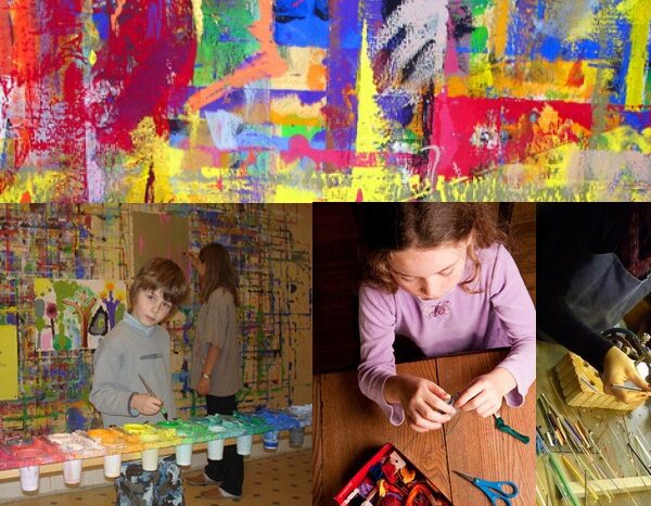 Collage von Kindern, die malen und basteln; enthält ein abstraktes buntes Gemälde, Kinder an einer Malstation, ein Mädchen, das bastelt, und Hände, die mit Draht und Werkzeugen arbeiten.