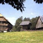 Drei traditionelle hölzerne Bauernhäuser stehen auf einer von Bäumen umgebenen Wiese unter einem klaren blauen Himmel.