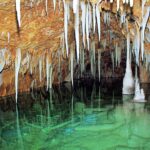 Unterirdische Höhle mit hängenden Stalaktiten, stehenden Stalagmiten und klarem grünen Wasser, in dem sich die Formationen spiegeln.