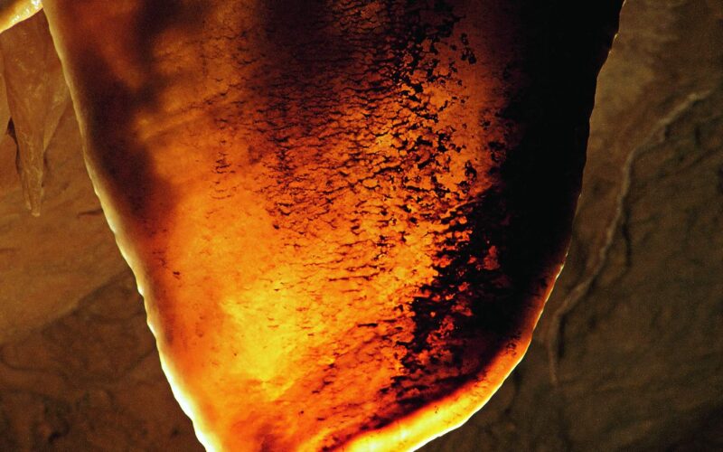 Eine Nahaufnahme einer durchscheinenden, orange-braunen Höhlenformation, möglicherweise ein Stalaktit oder Vorhang, beleuchtet vor einem dunklen Hintergrund.