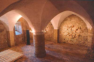 Steingewölbter Raum mit gewölbten Decken, einer zentralen Säule, einem Gitter auf dem Boden, freigelegten Ziegelwänden und gedämpfter Beleuchtung.