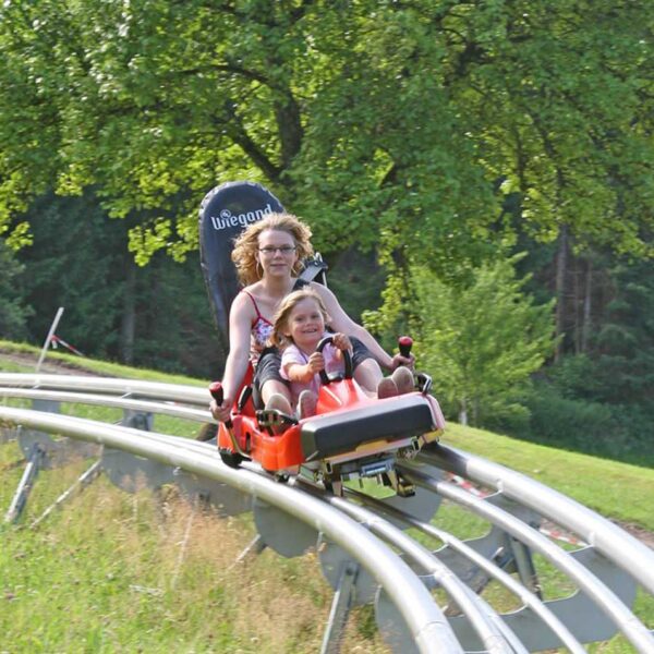 Zwei Personen fahren gemeinsam in einem roten Alpine Coaster-Wagen auf einer Metallschiene durch ein grasbewachsenes Waldgebiet.