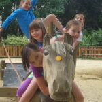 Fünf Kinder sitzen und klettern auf einem großen Holzpferd auf einem Spielplatz im Freien, lächeln und posieren für die Kamera.