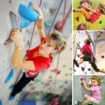 Eine Frau und drei Kinder klettern mit bunten Griffen an Indoor-Felswänden, die jeweils mit Gurten und Seilen gesichert sind.