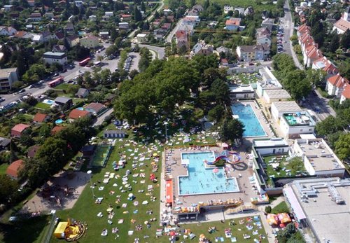 Luftaufnahme eines öffentlichen Freibadkomplexes mit Menschen, die sich auf der Wiese sonnen, umgeben von Bäumen und Wohngebäuden.