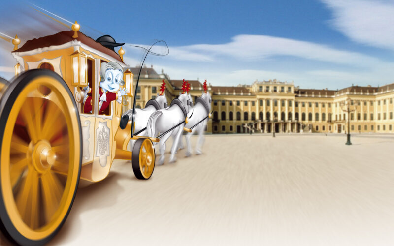 Eine Cartoon-Kutsche mit einer lächelnden Figur und weißen Pferden fährt schnell an einem großen, historischen Palast unter blauem Himmel vorbei.