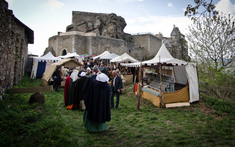 Menschen besuchen einen mittelalterlichen Jahrmarkt mit Zelten und Marktständen in der Nähe einer historischen Steinburg auf einer Wiese.