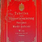 Rotes Hardcover-Buch mit dem Titel "Tabellen über die Approvionierung" mit goldener Schrift und Wappen, das die Wiener Marktdaten von 1848-1897 dokumentiert.
