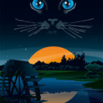 Ein großes schwarzes Katzengesicht mit blauen Augen erscheint am Nachthimmel über einem Fluss, einer Wassermühle und einem entfernten Schloss, das sich von der untergehenden Sonne abhebt.