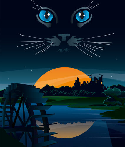 Ein großes schwarzes Katzengesicht mit blauen Augen erscheint am Nachthimmel über einem Fluss, einer Wassermühle und einem entfernten Schloss, das sich von der untergehenden Sonne abhebt.