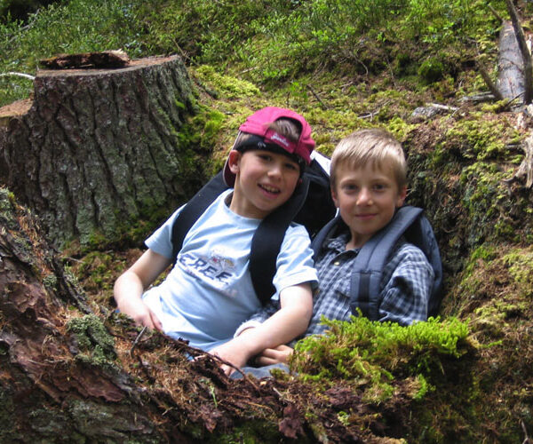 Zwei Jungen mit Rucksäcken sitzen zusammen auf moosbewachsenem Boden in einer von umgestürzten Bäumen gebildeten Mulde in einem Waldgebiet.