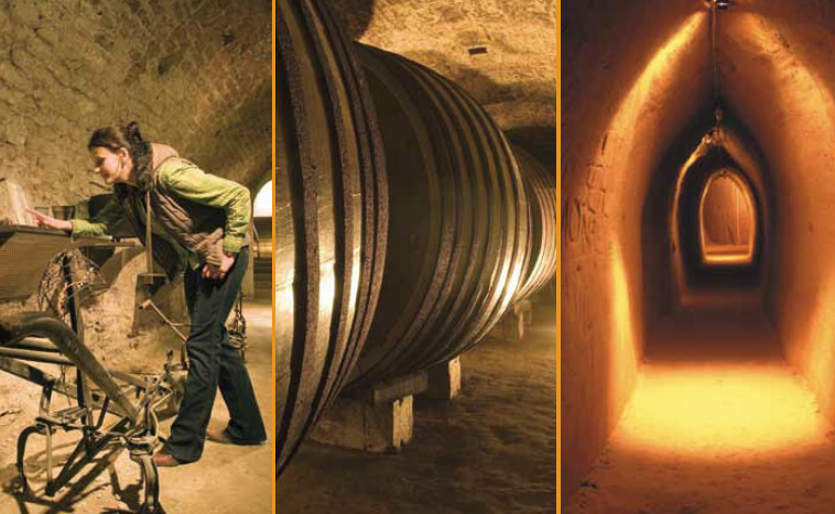 Dreitafelbild: eine Person, die in einem Keller mit Geräten arbeitet, ein großer Metalltank in einem gewölbten Tunnel und ein beleuchteter Gang mit gewölbter Decke.