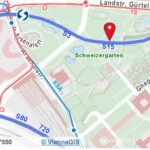 Karte des Schweizer Gartens in Wien mit den nahegelegenen Bahnlinien S15, S2, S3, S80, S60, S7, den Buslinien 910, 720, 69A und einem roten Standortmarker.