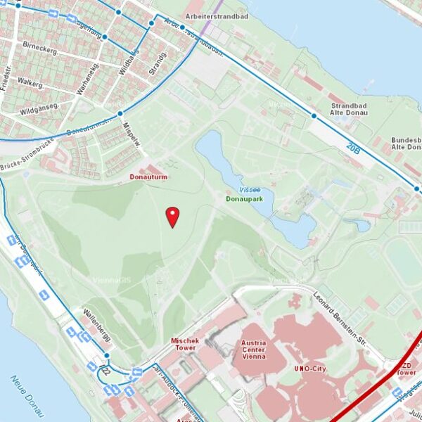 Karte der U-Bahn-Station Alte Donau, der nahegelegenen Straßen, Parks und des Donauparks mit eingezeichneten Sehenswürdigkeiten und Verkehrswegen.