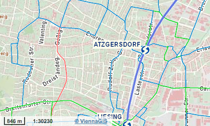 Kartenausschnitt der Gebiete Atzgersdorf und Liesing mit Straßen, Eisenbahnlinien und verschiedenen farbigen Grenzlinien in Wien.