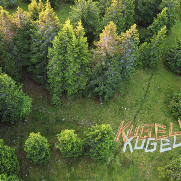 Luftaufnahme eines dichten Kiefernwaldes mit der Aufschrift "Kugelwald am Glungezer" auf der Graslichtung.