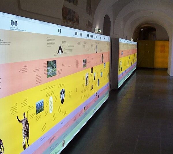 Eine lange, beleuchtete Zeitleiste mit Text und Bildern säumt die Wand eines Ganges in einem Museum oder Ausstellungsraum.