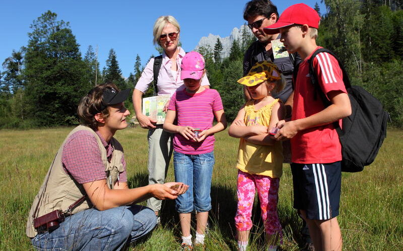 Eine Gruppe von Erwachsenen und Kindern steht auf einer Wiese, während eine Person in der Hocke sitzt und ihnen etwas in der Hand zeigt. Im Hintergrund sind Bäume und Berge zu sehen.