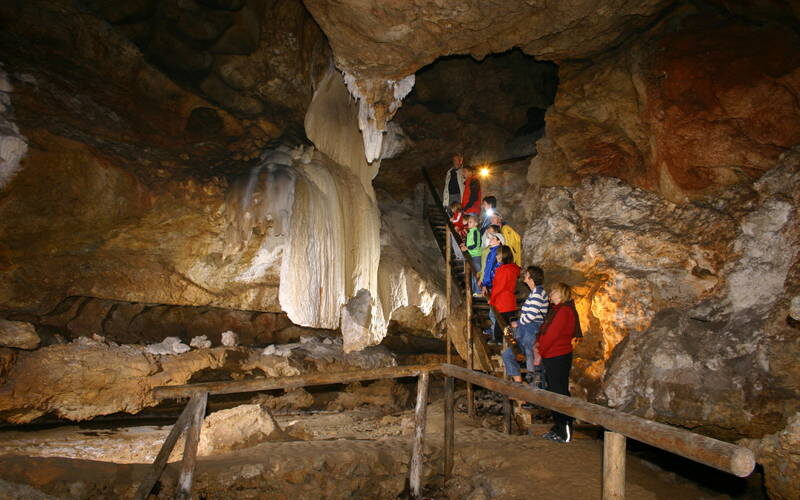 Eine Gruppe von Menschen steigt eine Holztreppe in einer Felsenhöhle mit Stalaktiten und künstlicher Beleuchtung hinauf.