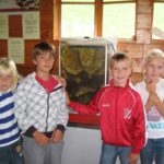 Vier Kinder stehen im Haus neben einer Glasvitrine mit einem Bienenstock, im Hintergrund sind Holzwände und Informationsplakate zu sehen.
