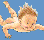 Illustration eines lächelnden Babys mit stacheligem Haar, das vor einem blauen Hintergrund schwimmt oder schwimmt.