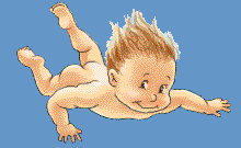 Illustration eines lächelnden Babys mit stacheligem Haar, das vor einem blauen Hintergrund schwimmt oder schwimmt.